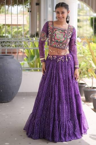 Violet Georgette Readymade Navratri Lehenga Choli with Kutchi & Patchework