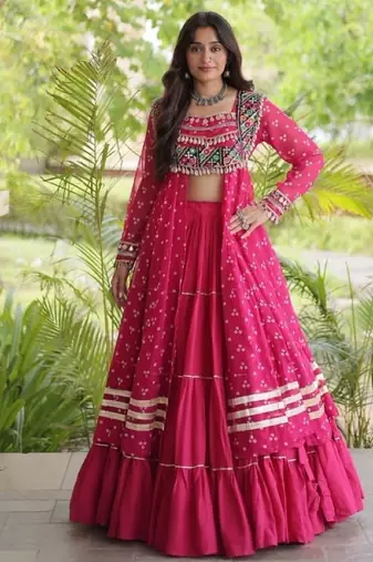 Rani Cotton Readymade Navratri Lehenga Choli with Bandhej & Patchework