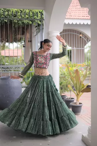 D Green Georgette Readymade Navratri Lehenga Choli with Kutchi & Patchework