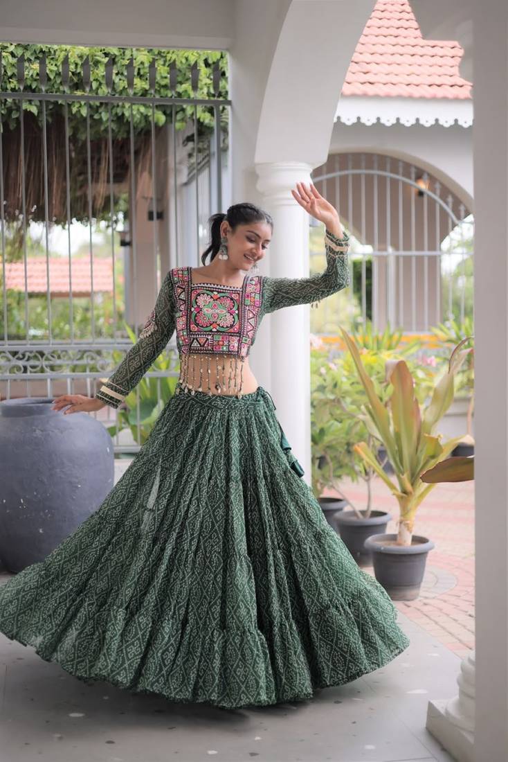 D Green Georgette Readymade Navratri Lehenga Choli with Kutchi & Patchework