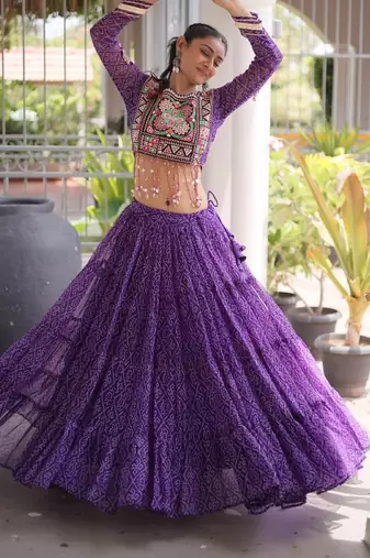 Violet Georgette Readymade Navratri Lehenga Choli with Kutchi & Patchework