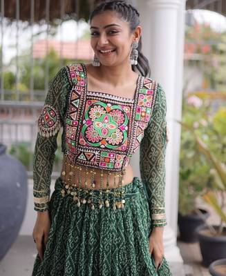 D Green Georgette Readymade Navratri Lehenga Choli with Kutchi & Patchework 2