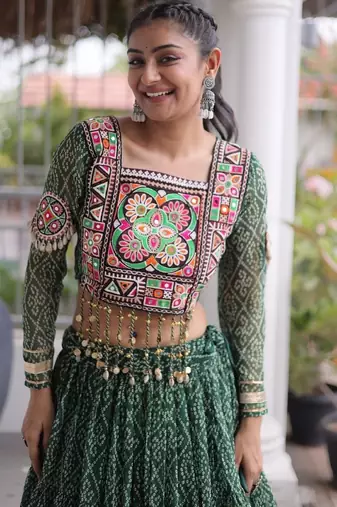 D Green Georgette Readymade Navratri Lehenga Choli with Kutchi & Patchework