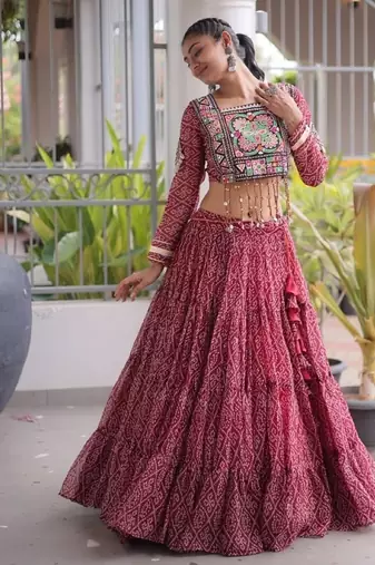 Maroon Georgette Readymade Navratri Lehenga Choli with Kutchi & Patchework