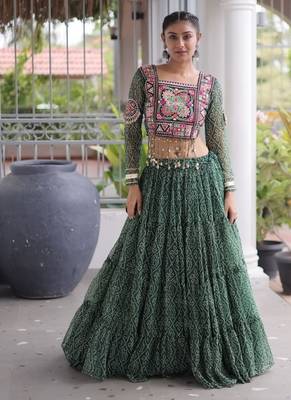 D Green Georgette Readymade Navratri Lehenga Choli with Kutchi & Patchework 3