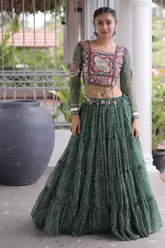 D Green Georgette Readymade Navratri Lehenga Choli with Kutchi & Patchework