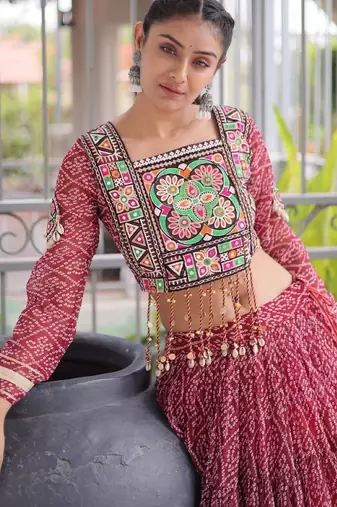 Maroon Georgette Readymade Navratri Lehenga Choli with Kutchi & Patchework