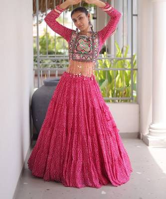 Pink Georgette Readymade Navratri Lehenga Choli with Kutchi & Patchework 1
