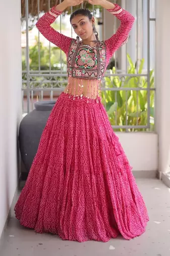 Pink Georgette Readymade Navratri Lehenga Choli with Kutchi & Patchework