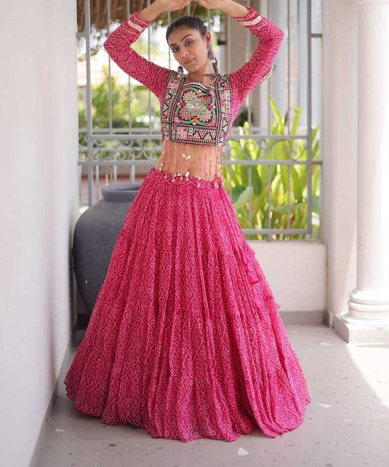 Pink Georgette Readymade Navratri Lehenga Choli with Kutchi & Patchework