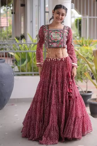 Maroon Georgette Readymade Navratri Lehenga Choli with Kutchi & Patchework