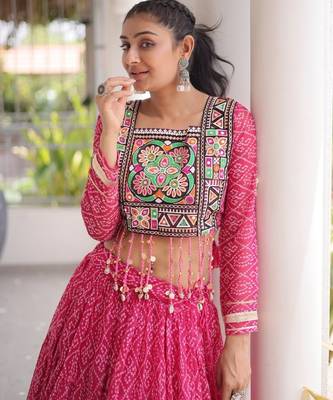 Pink Georgette Readymade Navratri Lehenga Choli with Kutchi & Patchework 2