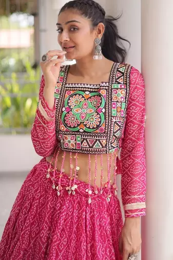 Pink Georgette Readymade Navratri Lehenga Choli with Kutchi & Patchework
