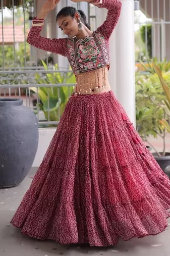 Maroon Georgette Readymade Navratri Lehenga Choli with Kutchi & Patchework