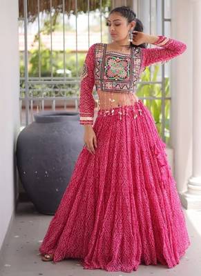 Pink Georgette Readymade Navratri Lehenga Choli with Kutchi & Patchework 3