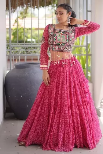 Pink Georgette Readymade Navratri Lehenga Choli with Kutchi & Patchework