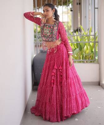 Pink Georgette Readymade Navratri Lehenga Choli with Kutchi & Patchework 4