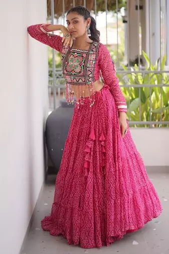 Pink Georgette Readymade Navratri Lehenga Choli with Kutchi & Patchework