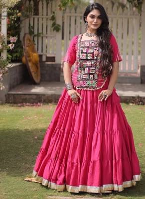 Pink Cotton Readymade Navratri Lehenga Choli with Kutchi & Patchework 1