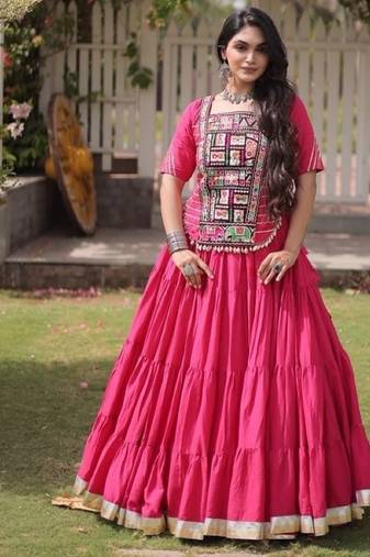 Pink Cotton Readymade Navratri Lehenga Choli with Kutchi & Patchework