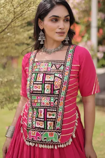 Pink Cotton Readymade Navratri Lehenga Choli with Kutchi & Patchework