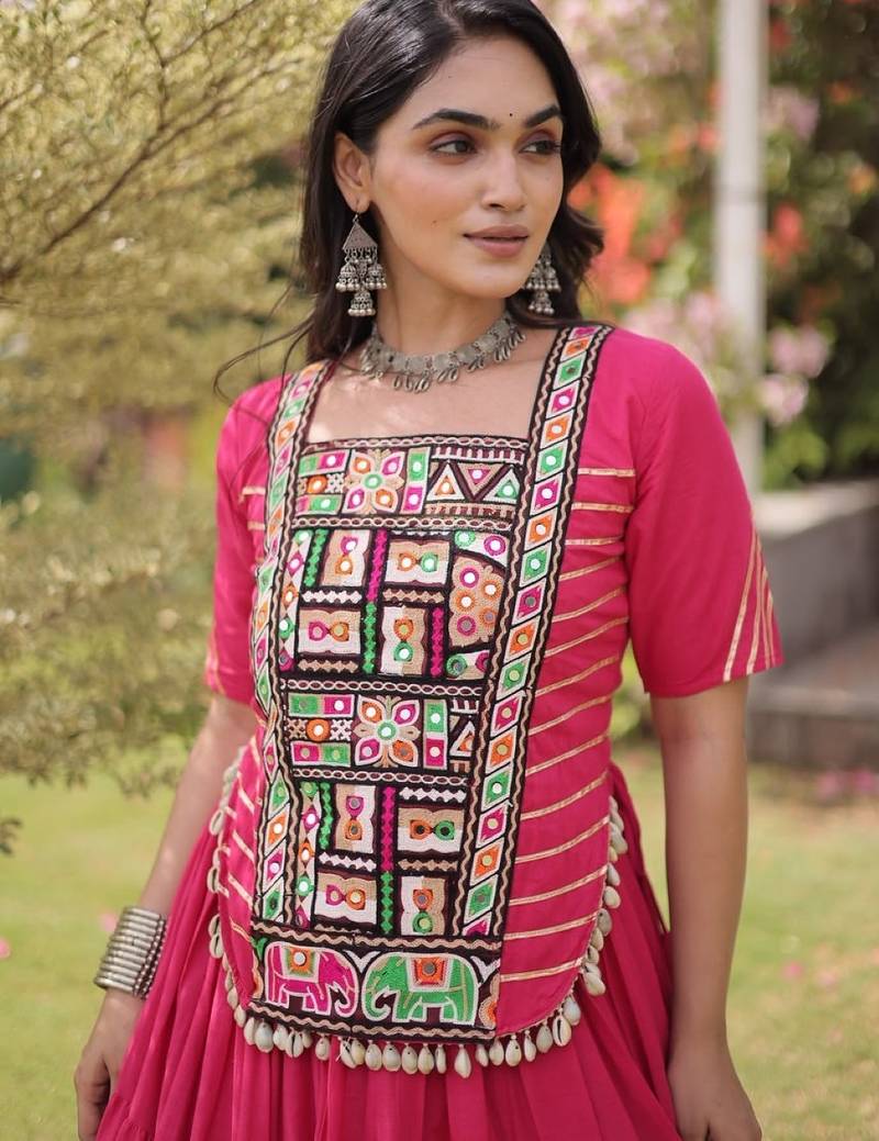 Pink Cotton Readymade Navratri Lehenga Choli with Kutchi & Patchework