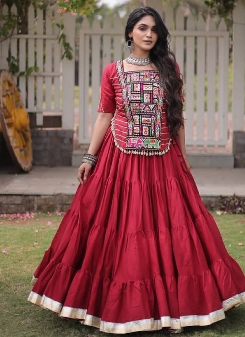 Maroon Cotton Readymade Navratri Lehenga Choli with Kutchi & Patchework