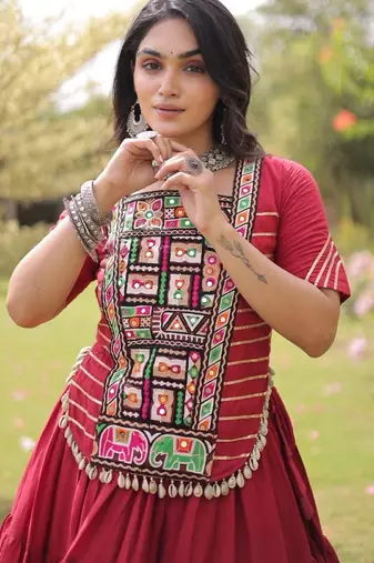 Maroon Cotton Readymade Navratri Lehenga Choli with Kutchi & Patchework