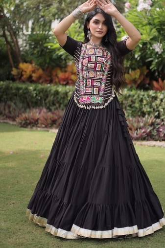 Black Cotton Readymade Navratri Lehenga Choli with Kutchi & Patchework