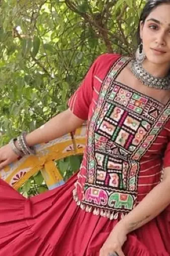 Maroon Cotton Readymade Navratri Lehenga Choli with Kutchi & Patchework