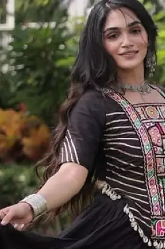 Black Cotton Readymade Navratri Lehenga Choli with Kutchi & Patchework