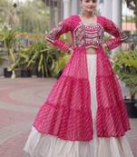 Rani&White Cotton Readymade Navratri Lehenga Choli with Leheriya & Patchework