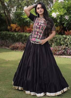 Black Cotton Readymade Navratri Lehenga Choli with Kutchi & Patchework 3