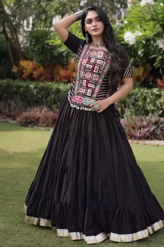 Black Cotton Readymade Navratri Lehenga Choli with Kutchi & Patchework