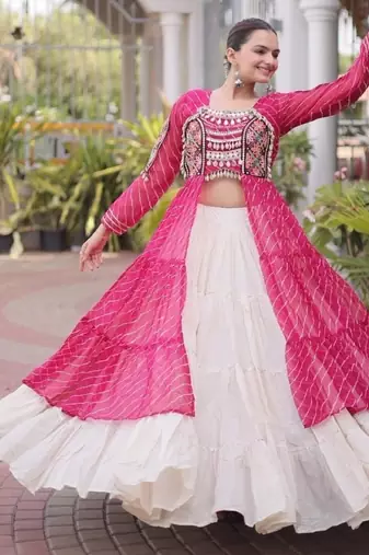 Rani&White Cotton Readymade Navratri Lehenga Choli with Leheriya & Patchework
