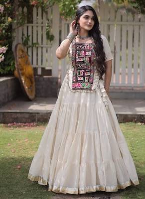White Cotton Readymade Navratri Lehenga Choli with Kutchi & Patchework 1
