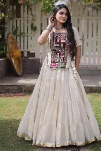 White Cotton Readymade Navratri Lehenga Choli with Kutchi & Patchework