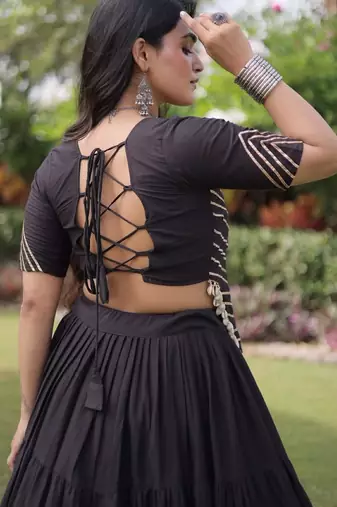 Black Cotton Readymade Navratri Lehenga Choli with Kutchi & Patchework