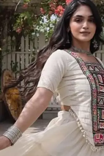 White Cotton Readymade Navratri Lehenga Choli with Kutchi & Patchework