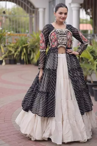 Black&White Cotton Readymade Navratri Lehenga Choli with Leheriya & Patchework