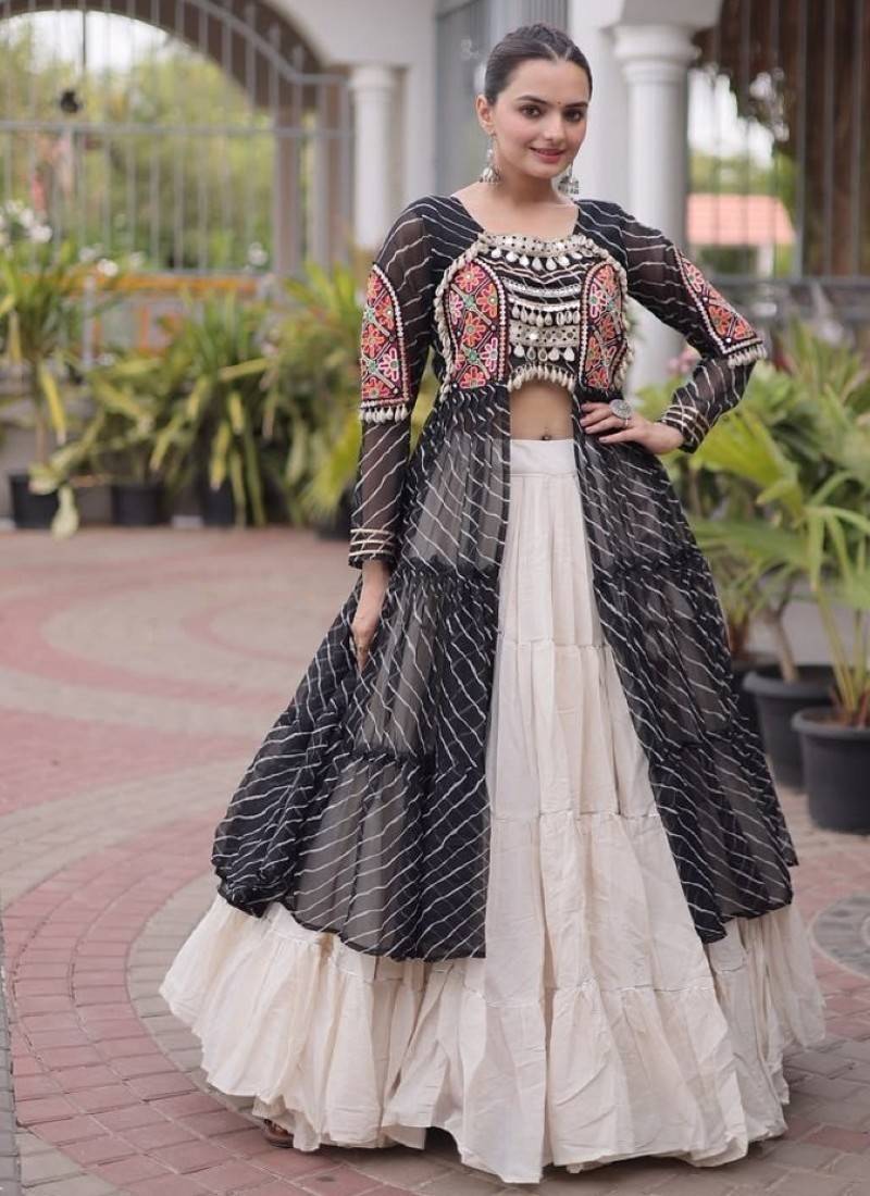 Black&White Cotton Readymade Navratri Lehenga Choli with Leheriya & Patchework