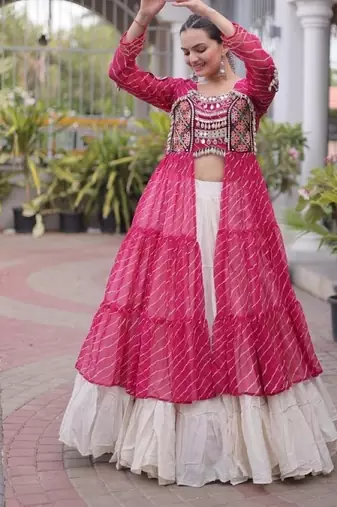 Rani&White Cotton Readymade Navratri Lehenga Choli with Leheriya & Patchework