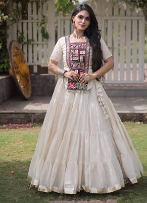 White Cotton Readymade Navratri Lehenga Choli with Kutchi & Patchework 3