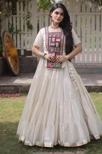 White Cotton Readymade Navratri Lehenga Choli with Kutchi & Patchework