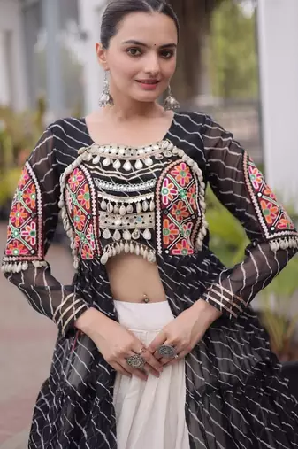 Black&White Cotton Readymade Navratri Lehenga Choli with Leheriya & Patchework
