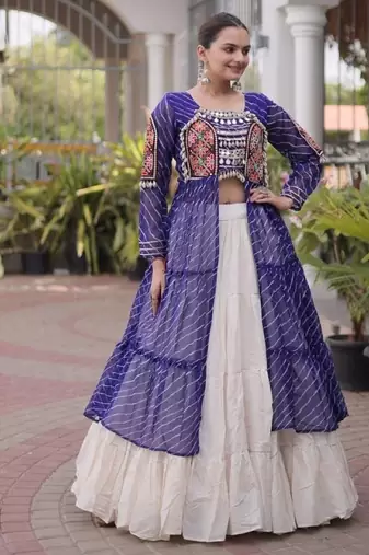 Violet&White Cotton Readymade Navratri Lehenga Choli with Leheriya & Patchework