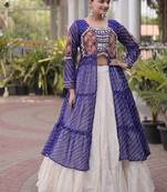 Violet&White Cotton Readymade Navratri Lehenga Choli with Leheriya & Patchework