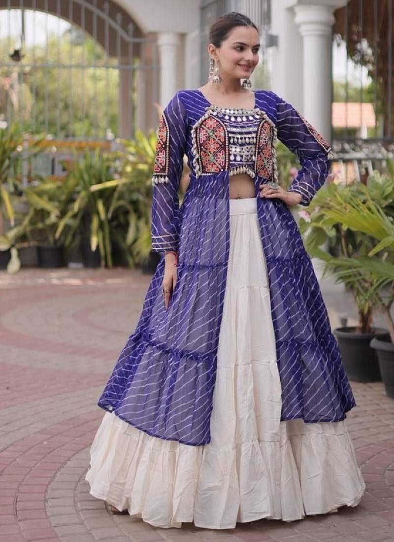 Violet&White Cotton Readymade Navratri Lehenga Choli with Leheriya & Patchework