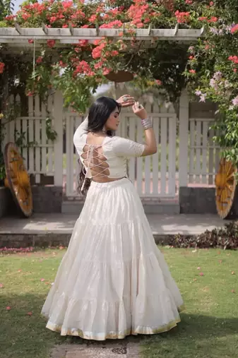 White Cotton Readymade Navratri Lehenga Choli with Kutchi & Patchework