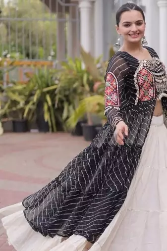 Black&White Cotton Readymade Navratri Lehenga Choli with Leheriya & Patchework